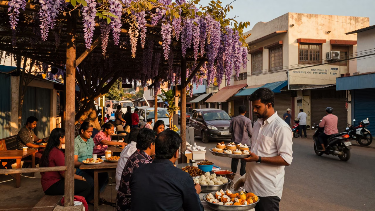 Hyderabad India Evening Street Scene with Wisteria Pergola and Local Life in in Hyderabad, India
