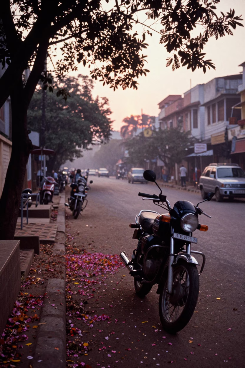 Hyderabad India First Light Dawn Street Scene with Motorcycle and Petals in in Hyderabad, India