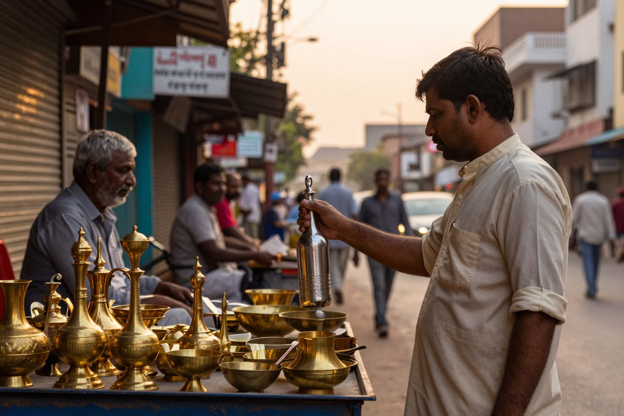 Hyderabad India Golden Hour Street Scene with Brassware and Local Commerce in in Hyderabad, India
