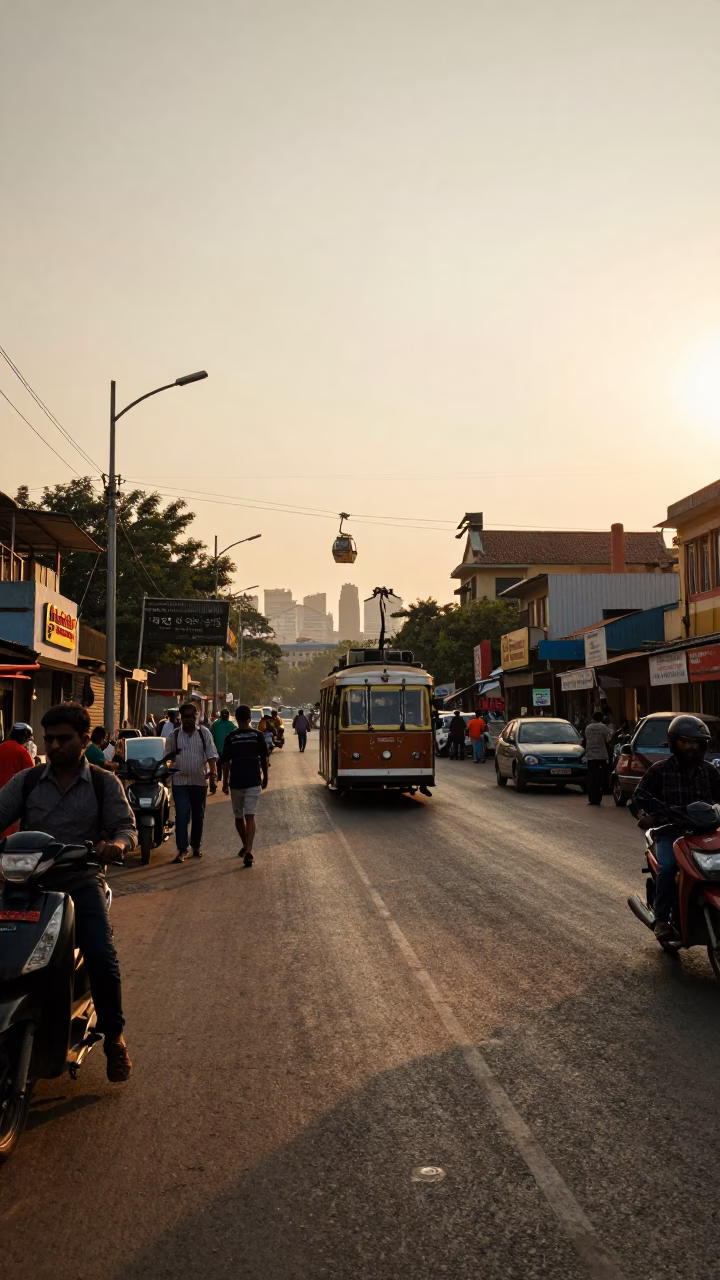Hyderabad India Golden Hour Street Scene with Cable Car and Local Life in in Hyderabad, India