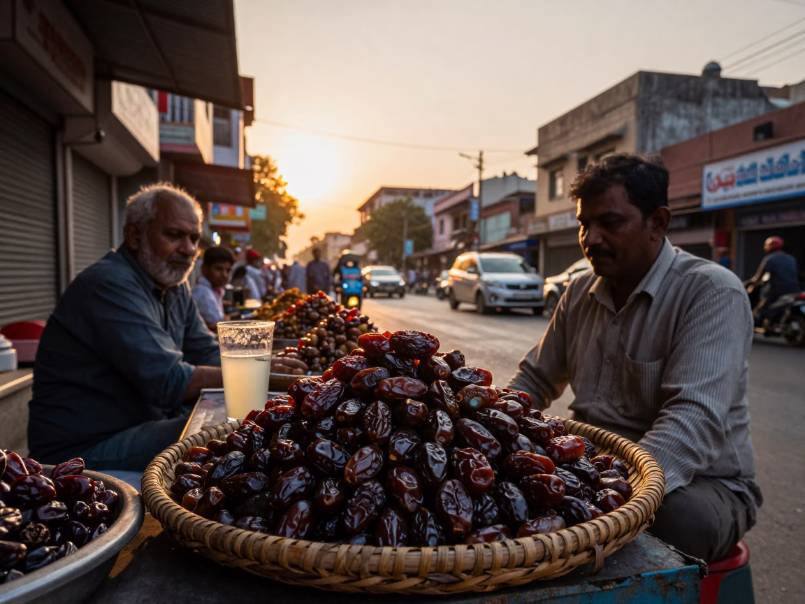 Hyderabad India Golden Hour Street Scene with Dates and Glass Horchata in in Hyderabad, India