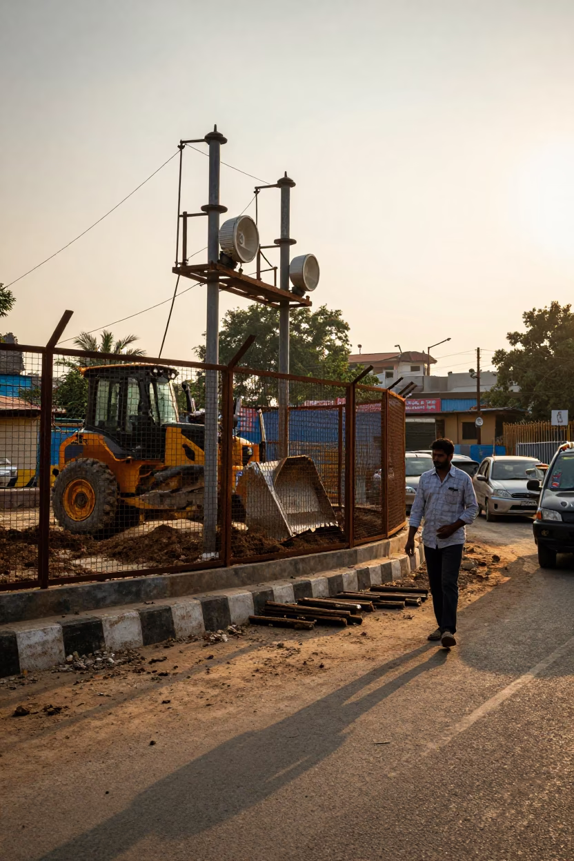Hyderabad India Golden Hour Street Scene with Substation Fence and Construction Activity in in Hyderabad, India