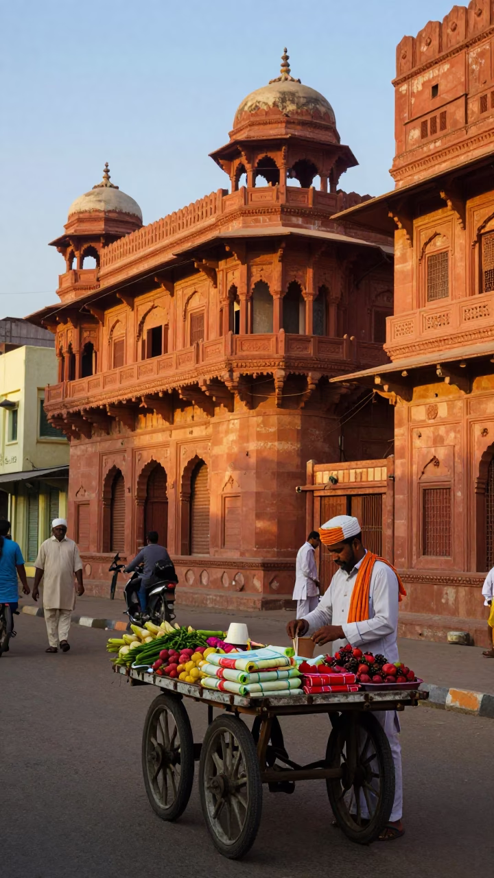 Hyderabad India Golden Hour Street Scene with Tea Towels and Daily Life in in Hyderabad, India