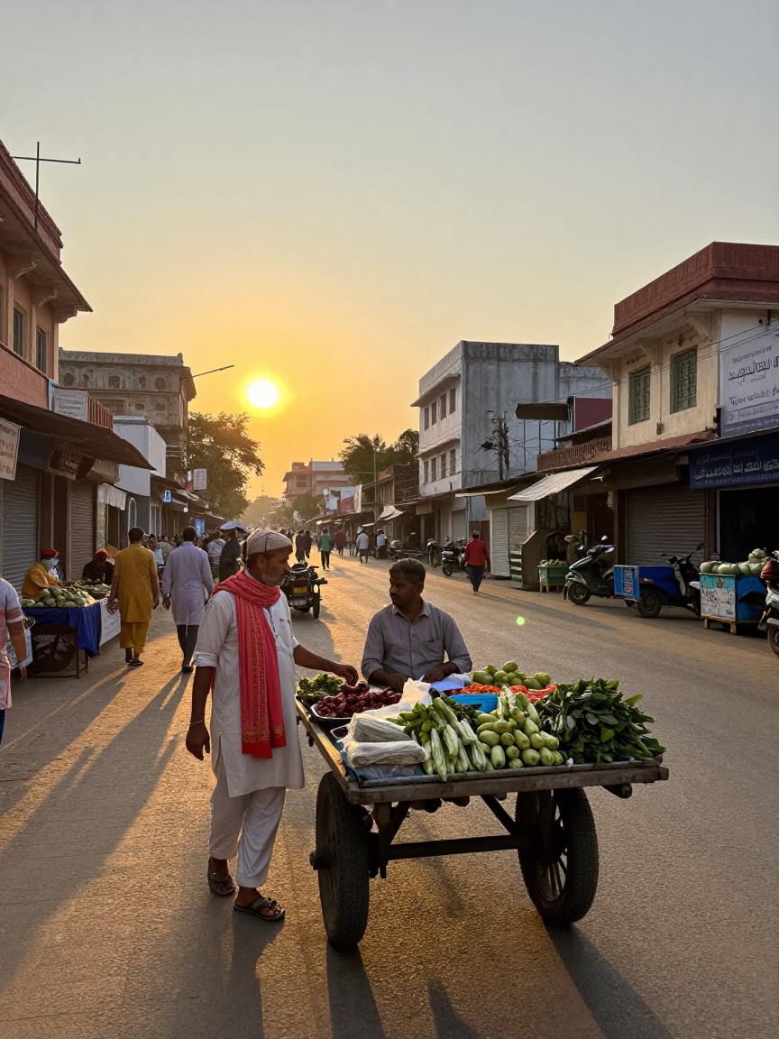 Hyderabad India Golden Hour Street Scene with Traditional Scarf and Local Market Details in in Hyderabad, India