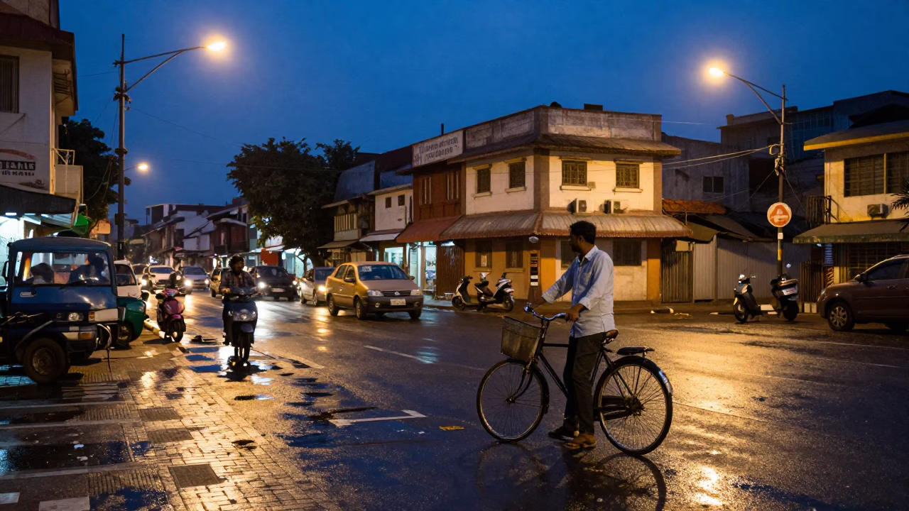 Hyderabad India indigo twilight street scene with bicycle basket and local commerce in in Hyderabad, India