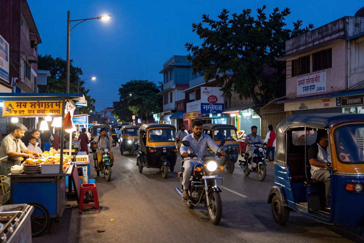 Hyderabad India indigo twilight street scene with food vendors and local traffic in in Hyderabad, India