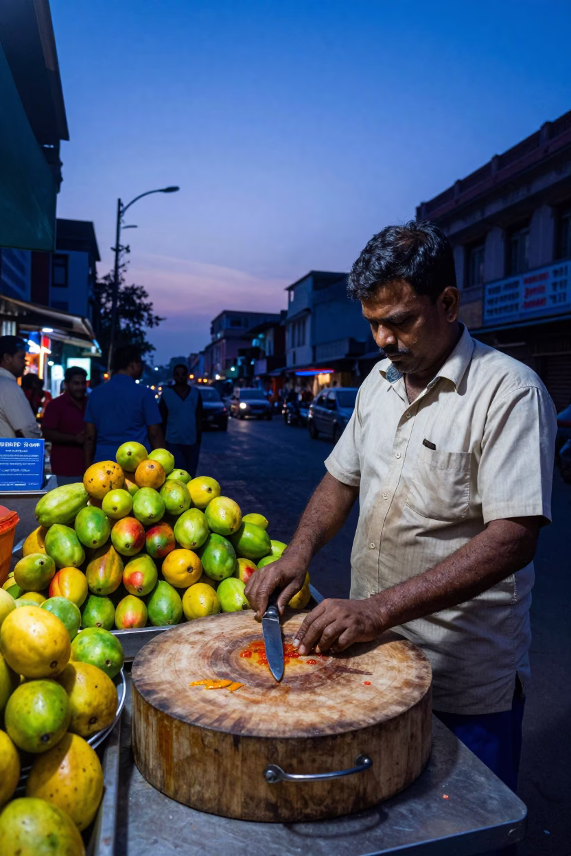 Hyderabad India indigo twilight street scene with fruit knife and drawer pull in in Hyderabad, India