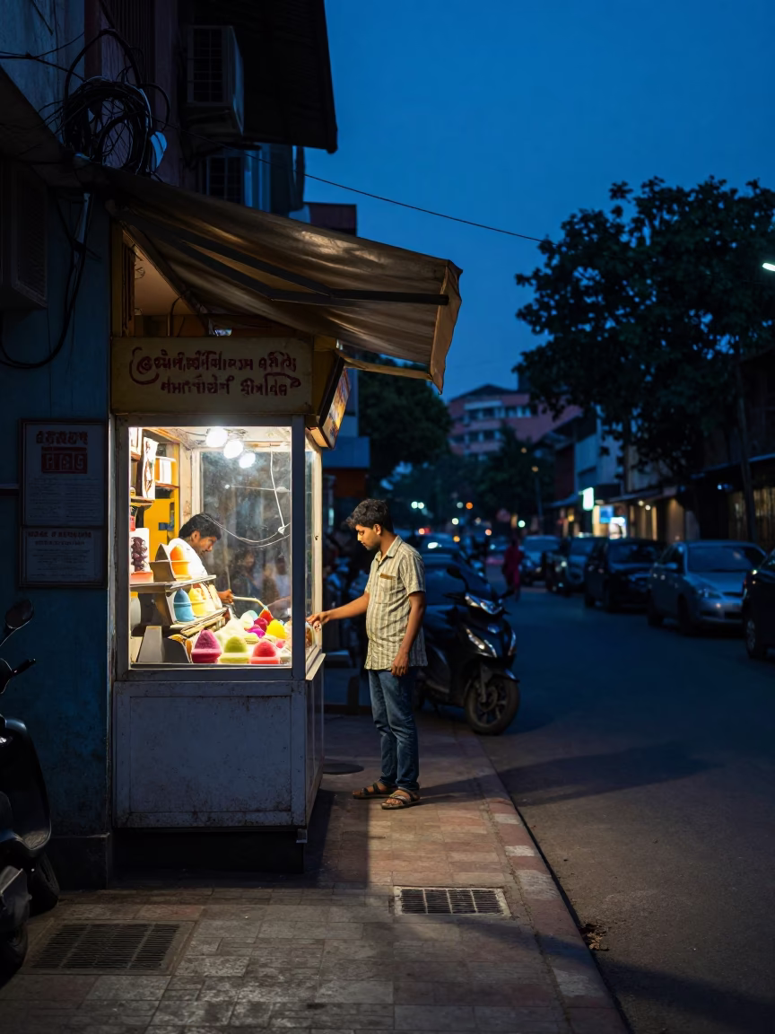 Hyderabad India indigo twilight street scene with gelato display and metal bucket in in Hyderabad, India