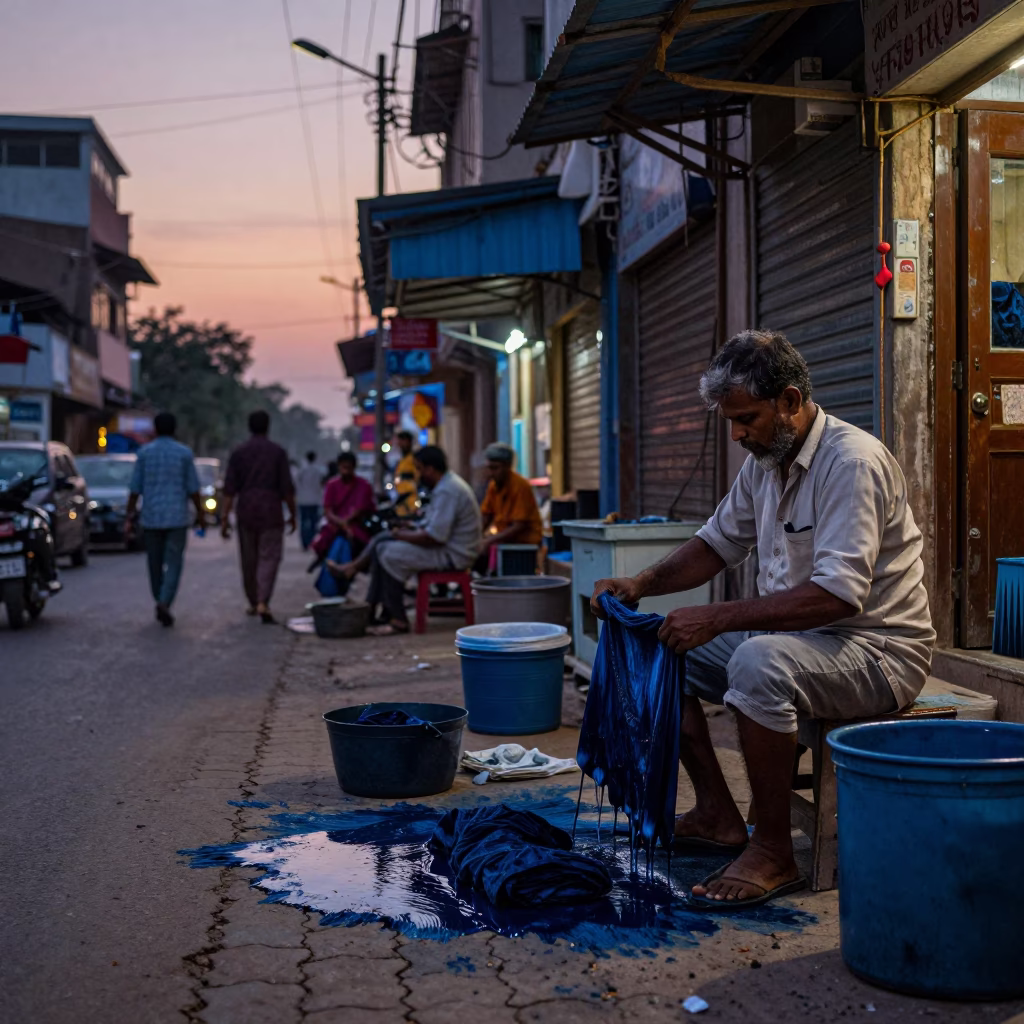 Hyderabad India indigo twilight street scene with man dyeing cloth in vat in in Hyderabad, India