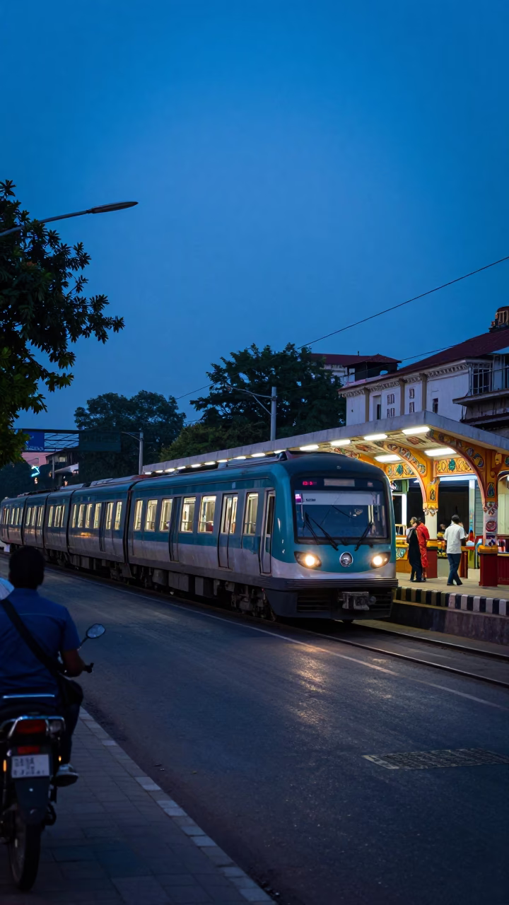 Hyderabad India indigo twilight street scene with metro train and local vendors in in Hyderabad, India