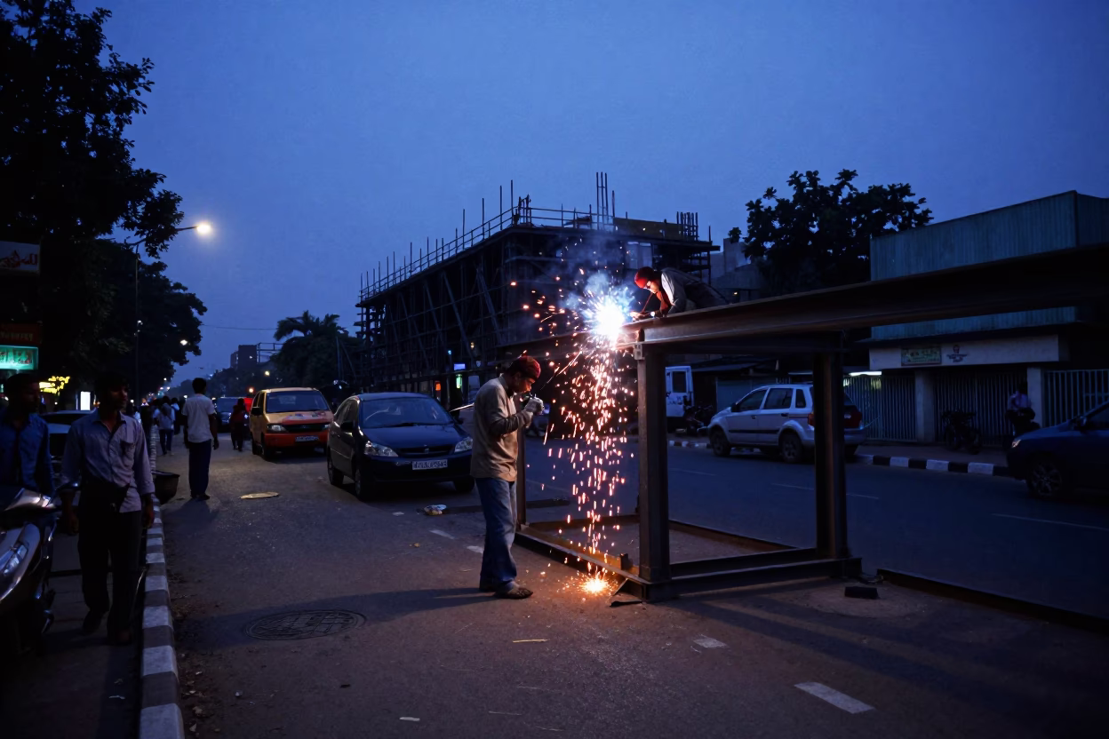 Hyderabad India indigo twilight street scene with welding sparks beneath bridge construction platform in in Hyderabad, India