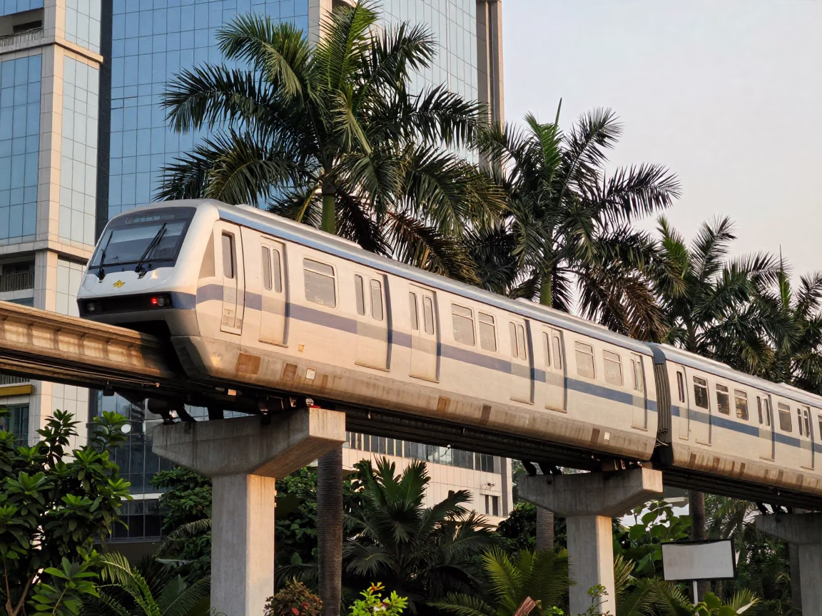 Hyderabad India late afternoon monorail gliding past palm trees and glass towers in in Hyderabad, India