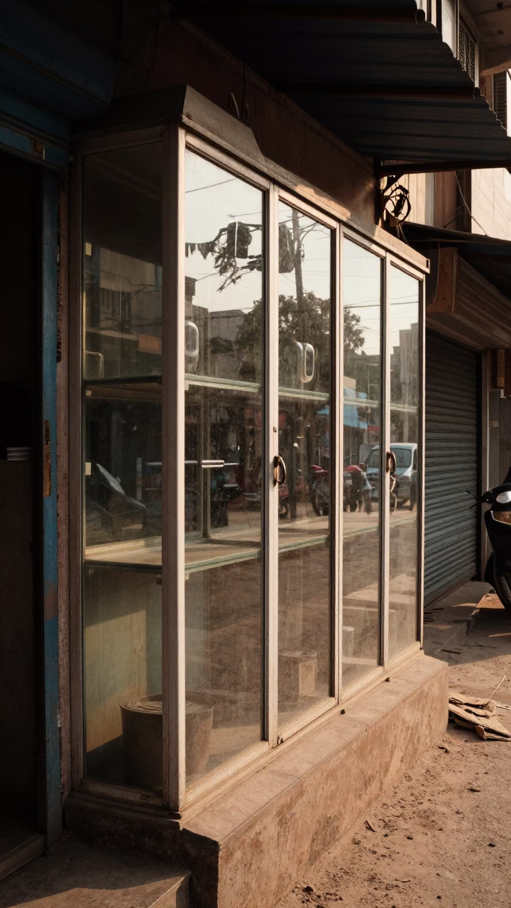 Hyderabad India late afternoon street scene with glass cabinet and wicker shadow in in Hyderabad, India