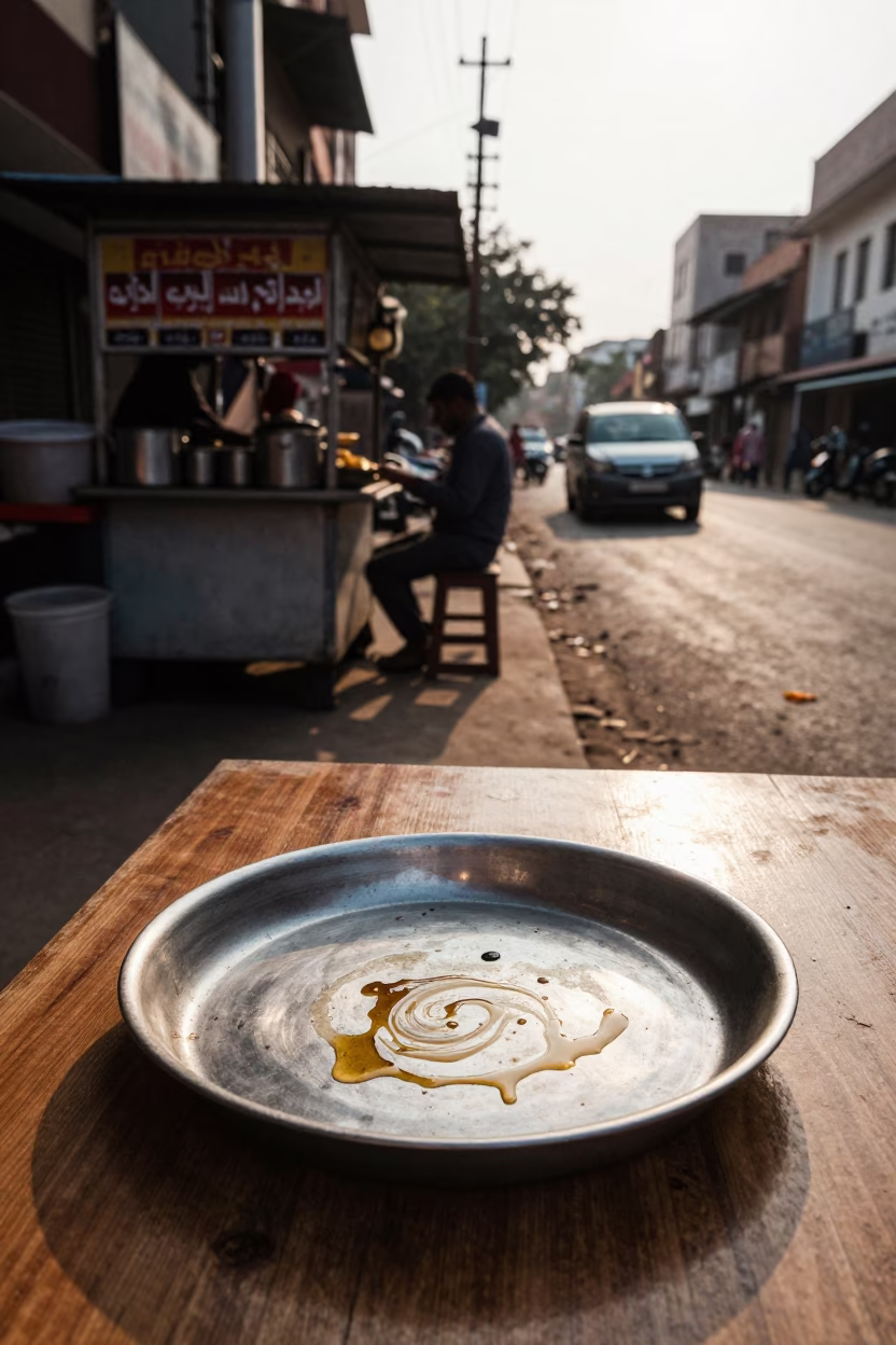 Hyderabad India Late Afternoon Street Scene with Grease Sheen on Saucer Edge in in Hyderabad, India