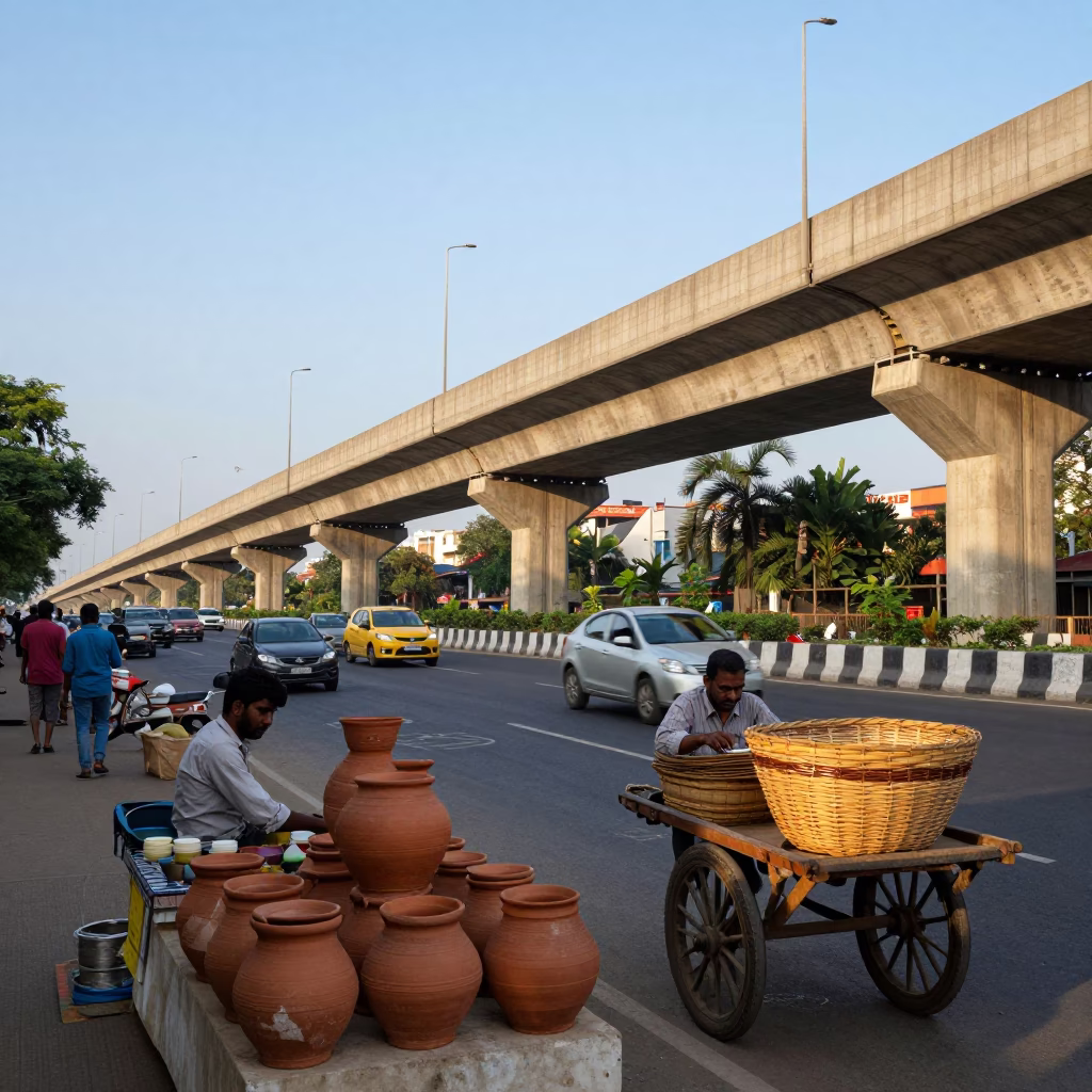 Hyderabad India late afternoon street scene with highway flyover and local market goods in in Hyderabad, India