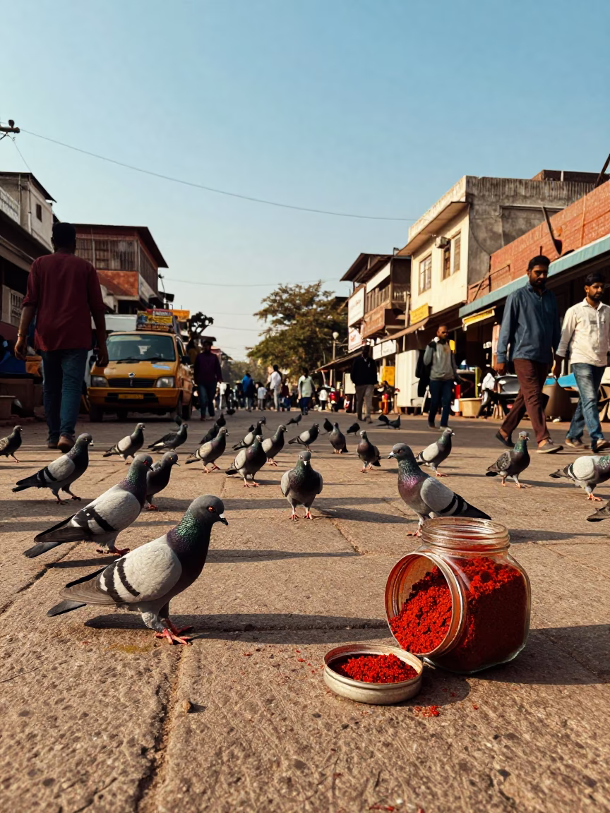 Hyderabad India Late Afternoon Street Scene with Pigeons and Spice Jar in in Hyderabad, India