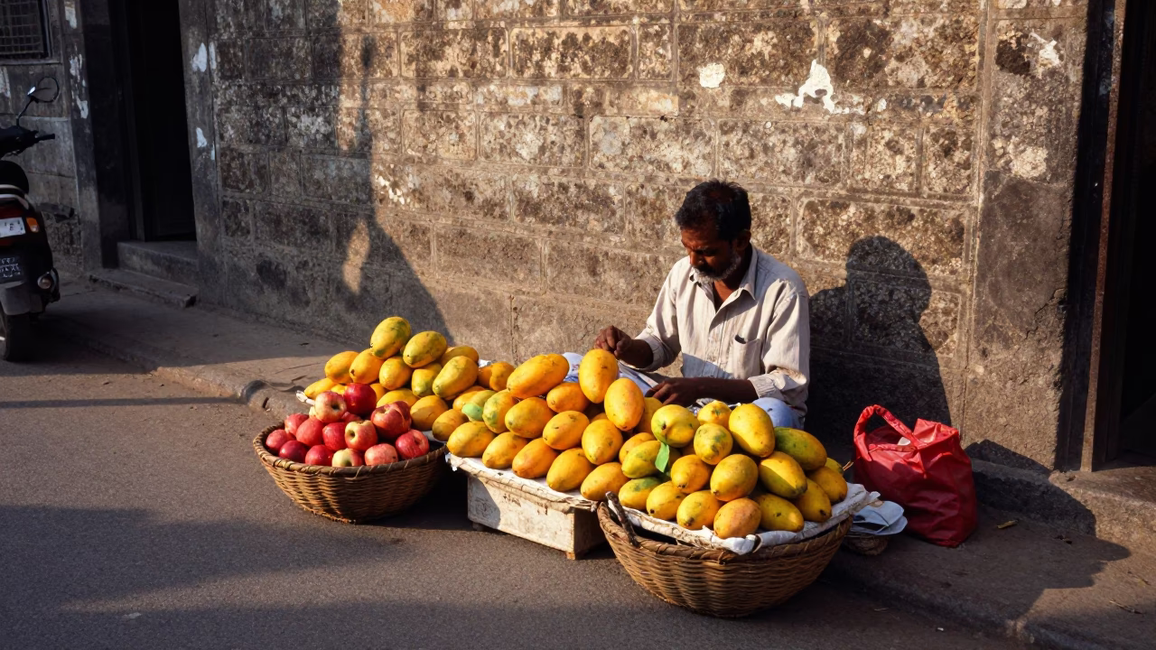 Hyderabad India Late Morning Street Scene with Fruit Vendor and Traditional Architecture in in Hyderabad, India