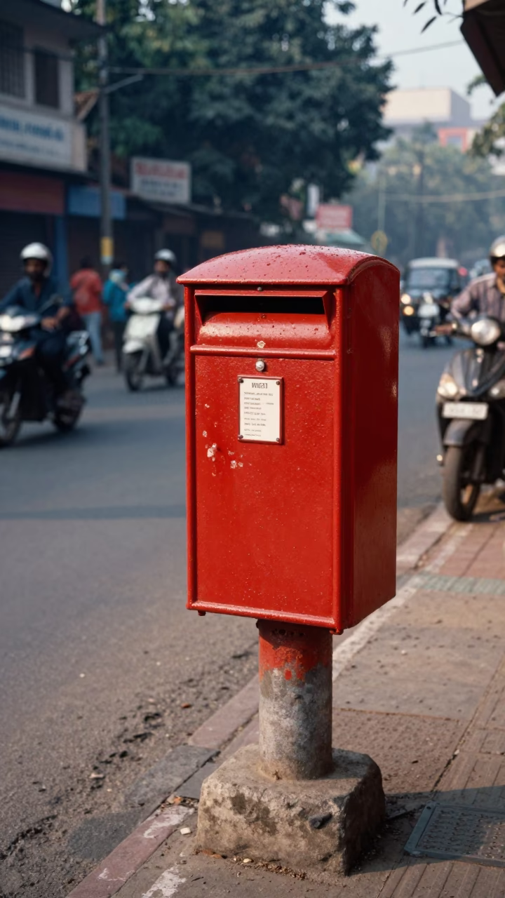 Hyderabad India Late Morning Street Scene with Red Mailbox and Stone Architecture in in Hyderabad, India