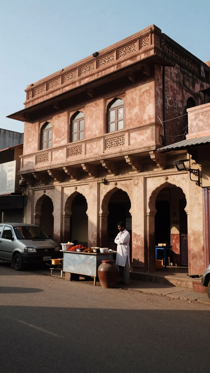 Hyderabad India Late Morning Street Scene with Spice Jar and Brooms in in Hyderabad, India