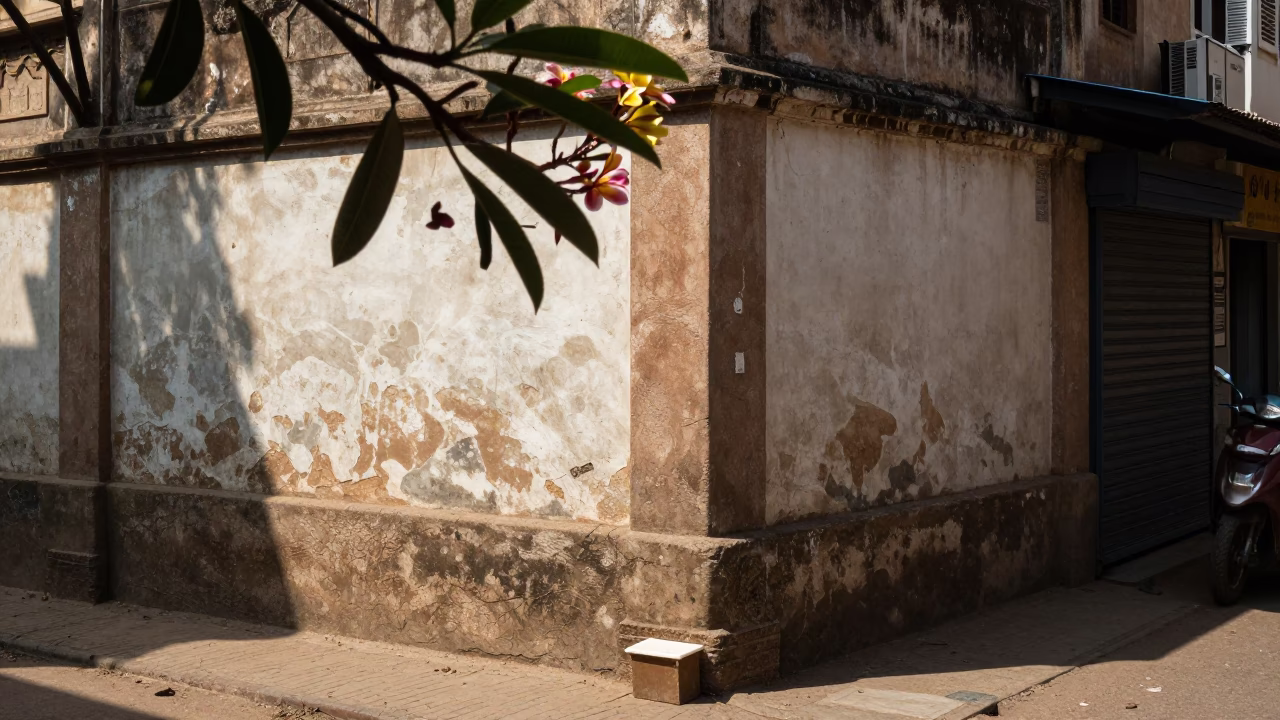 Hyderabad India midday street scene with frangipani branch and soap bottle in in Hyderabad, India