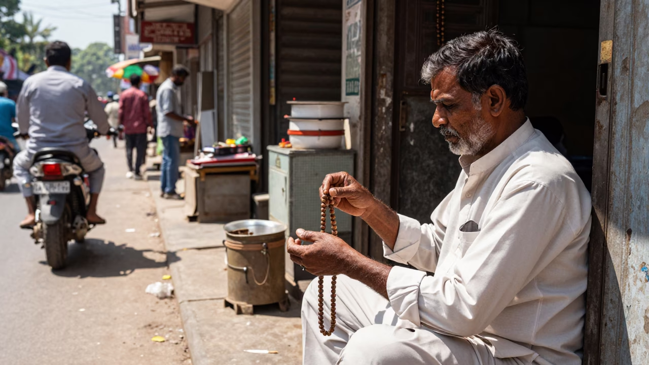 Hyderabad India midday street scene with prayer beads and local market activity in in Hyderabad, India