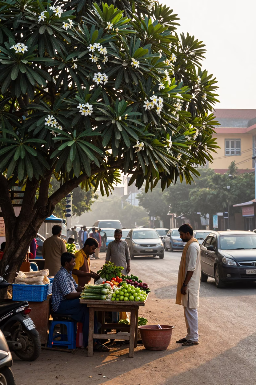 Hyderabad India Morning Street Scene with Frangipani Tree and Local Commerce in in Hyderabad, India