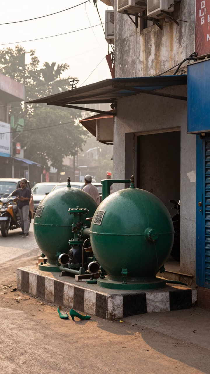 Hyderabad India Morning Street Scene with Green Pumps and Vintage 1950s Aesthetic in in Hyderabad, India