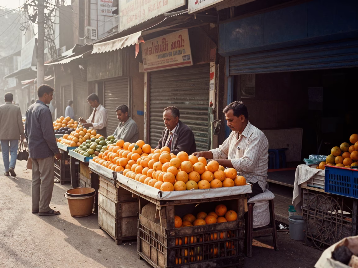 Hyderabad India Morning Street Scene with Oranges and Local Commerce at First Light in in Hyderabad, India