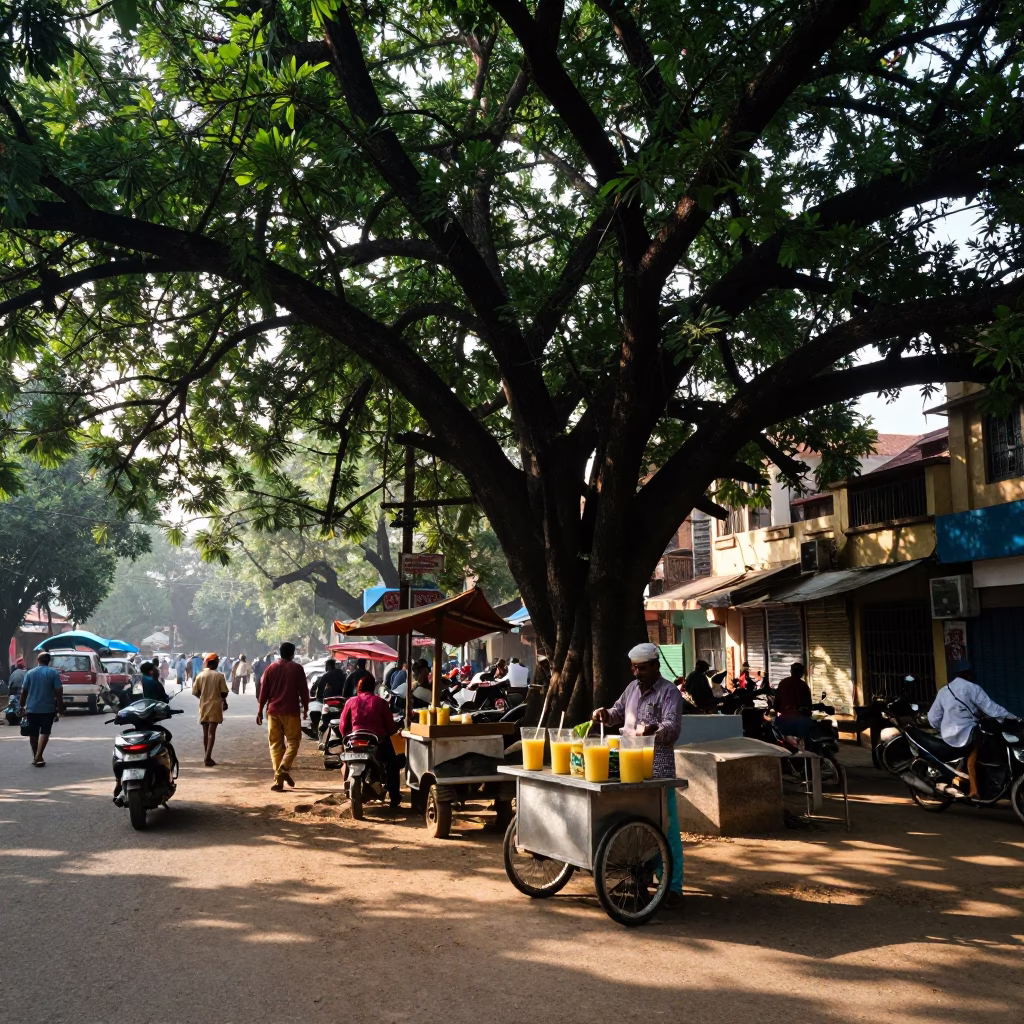 Hyderabad India Morning Street Scene with Sugarcane Juice and Traditional Architecture in in Hyderabad, India