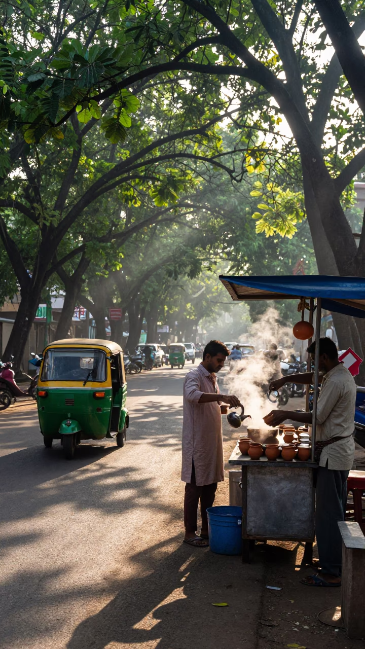 Hyderabad India Morning Street Scene with Tea Stalls and Auto Rickshaws After Sunrise in in Hyderabad, India