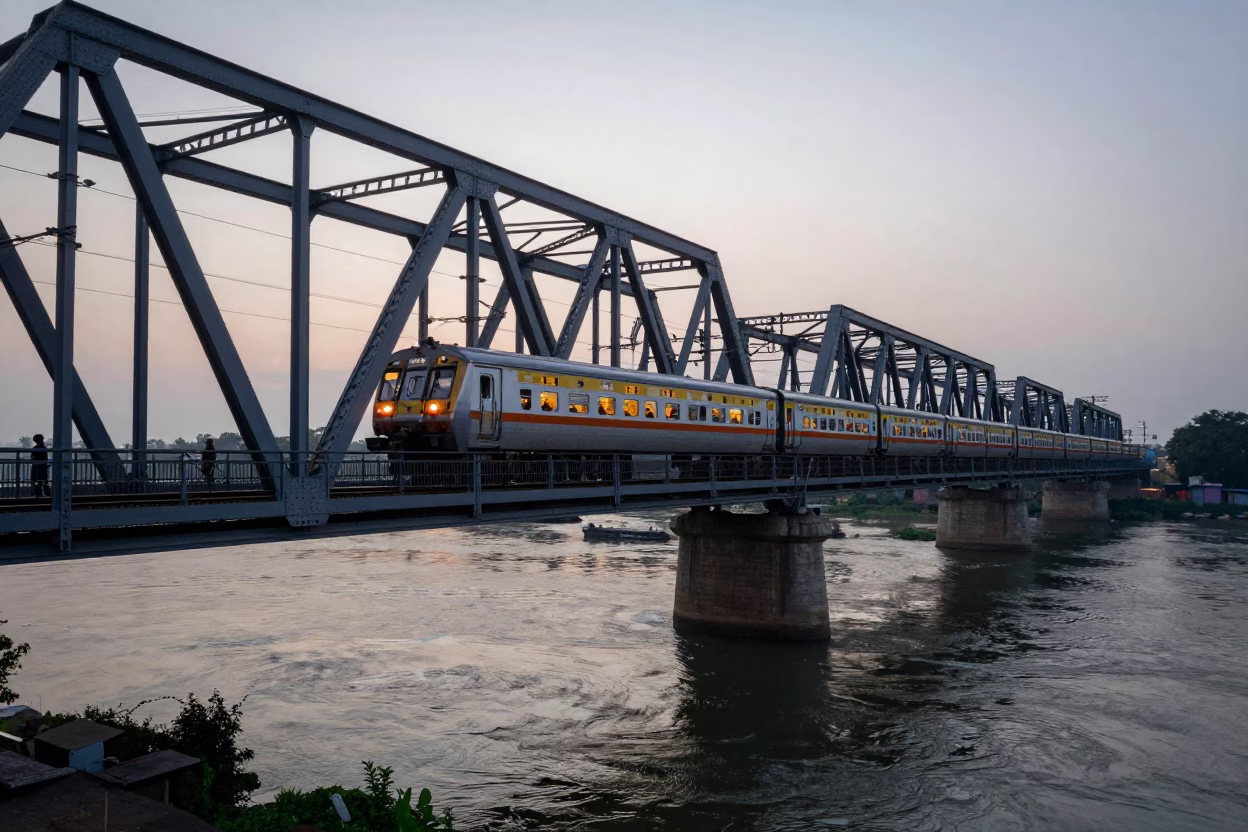 Hyderabad India Nautical Dawn Commuter Train Crossing Bridge Blue Hour in in Hyderabad, India