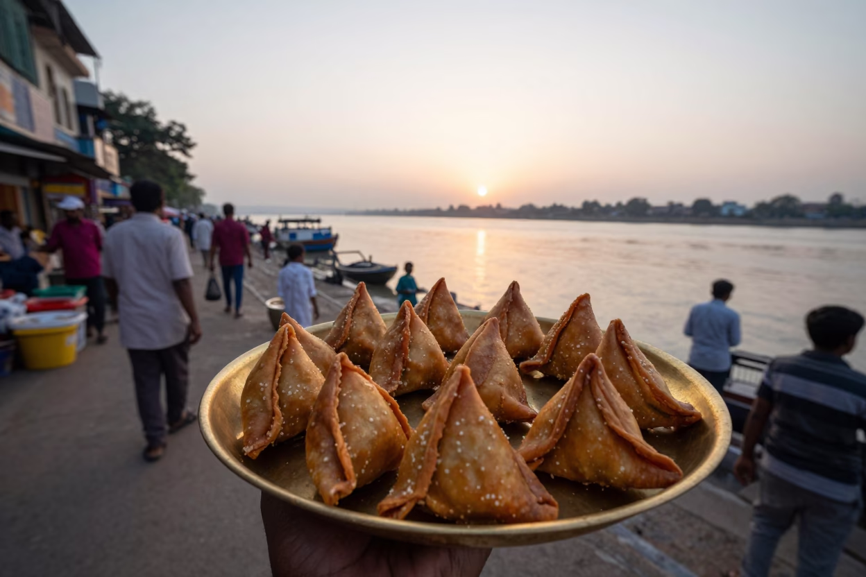 Hyderabad India Nautical Dawn Street Scene with Brass Samosa Tray and River Bridge Maintenance in in Hyderabad, India