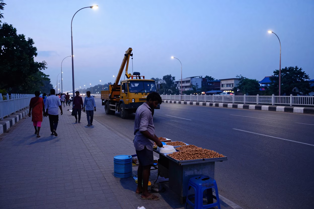 Hyderabad India Nautical Dawn Street Scene with Bridge Maintenance and River Activity in in Hyderabad, India