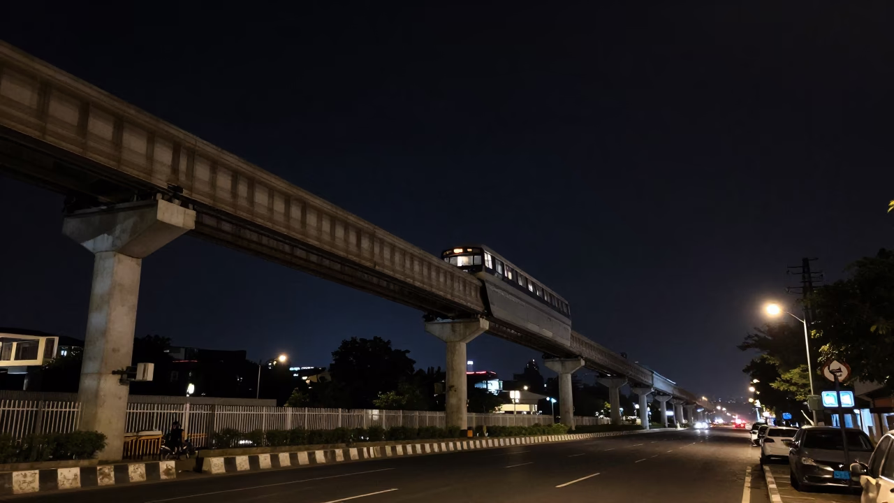 Hyderabad India Night Street Scene Monorail Steel Structure Overhead Urban Infrastructure in in Hyderabad, India