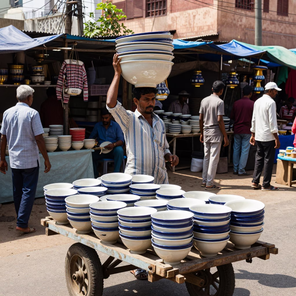Hyderabad India Noon Street Scene Ceramic Bowl and Local Market Activity in in Hyderabad, India