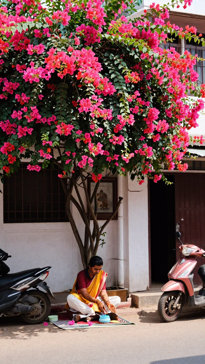Hyderabad India Noon Street Scene With Bougainvillea And Mehndi Artist in in Hyderabad, India
