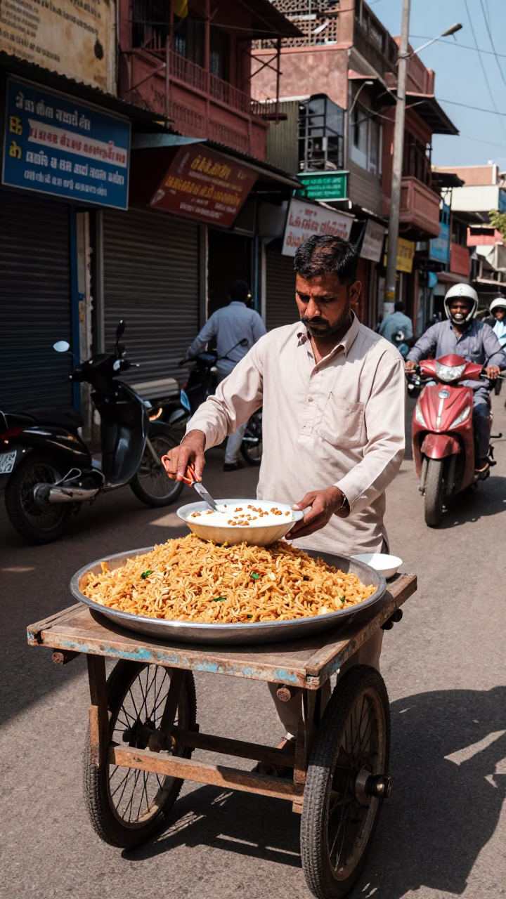 Hyderabad India Noon Street Scene with Tailor Shears and Fatteh Bowl in in Hyderabad, India