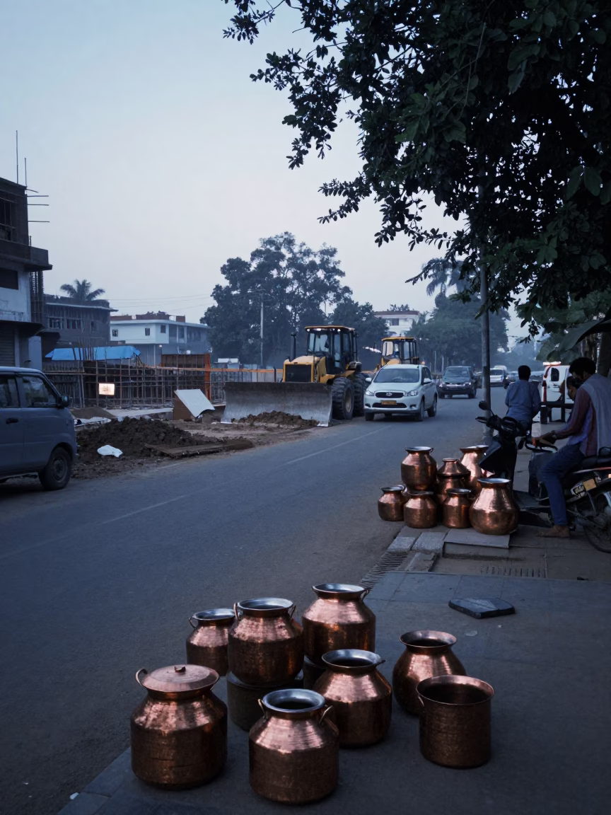Hyderabad India pre-dawn street scene with copper pots and construction site in in Hyderabad, India