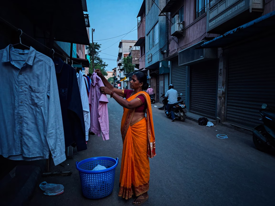 Hyderabad India Pre-Dawn Street Scene with Laundry Basket and Urban Morning Light in in Hyderabad, India