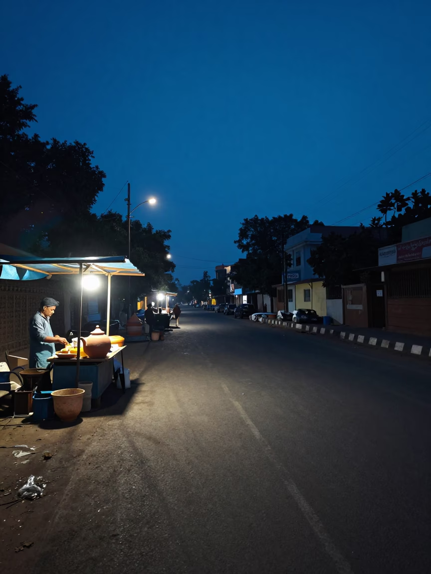 Hyderabad India Predawn Street Scene with Clay Teapot and Lomo Saltado Plate in in Hyderabad, India
