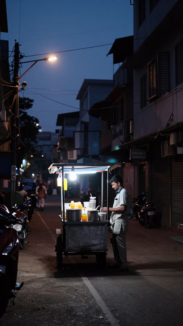 Hyderabad India Predawn Street Scene with Local Vendor and Early Morning Light in in Hyderabad, India