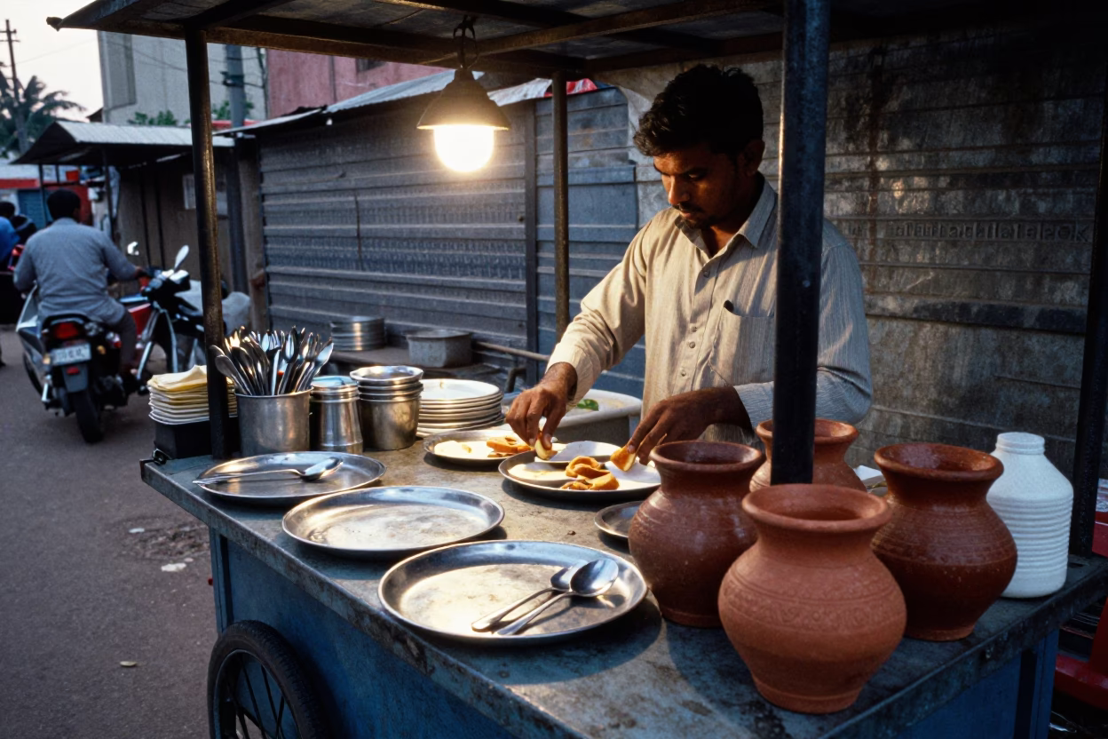 Hyderabad India street breakfast stall with cutlery and clay pots under morning light in in Hyderabad, India