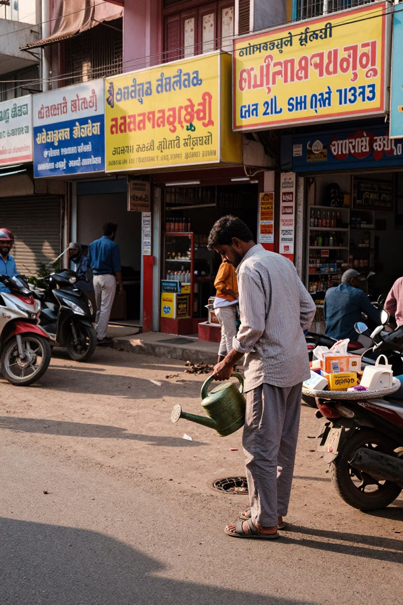 Hyderabad India street corner 1990s with watering can and bustling traffic in in Hyderabad, India