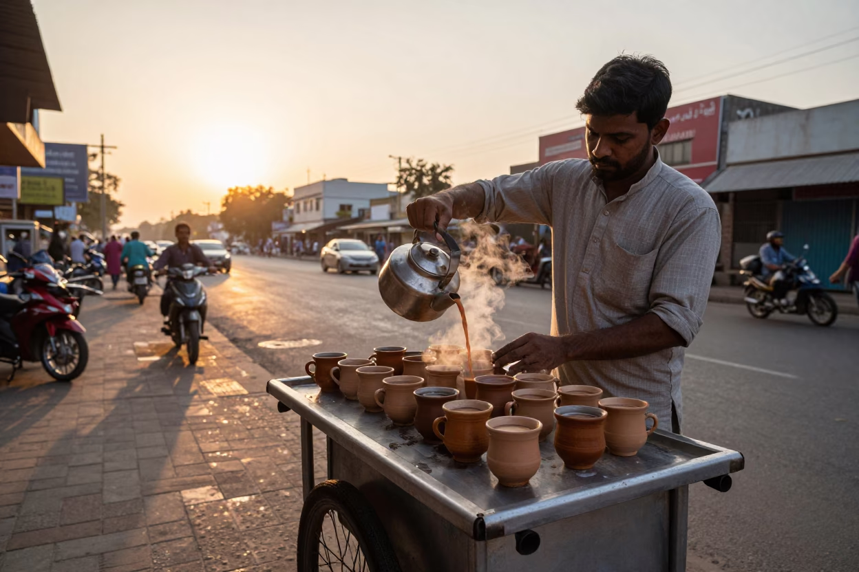 Hyderabad India street food vendor serving chai in ceramic mugs at sunset in in Hyderabad, India