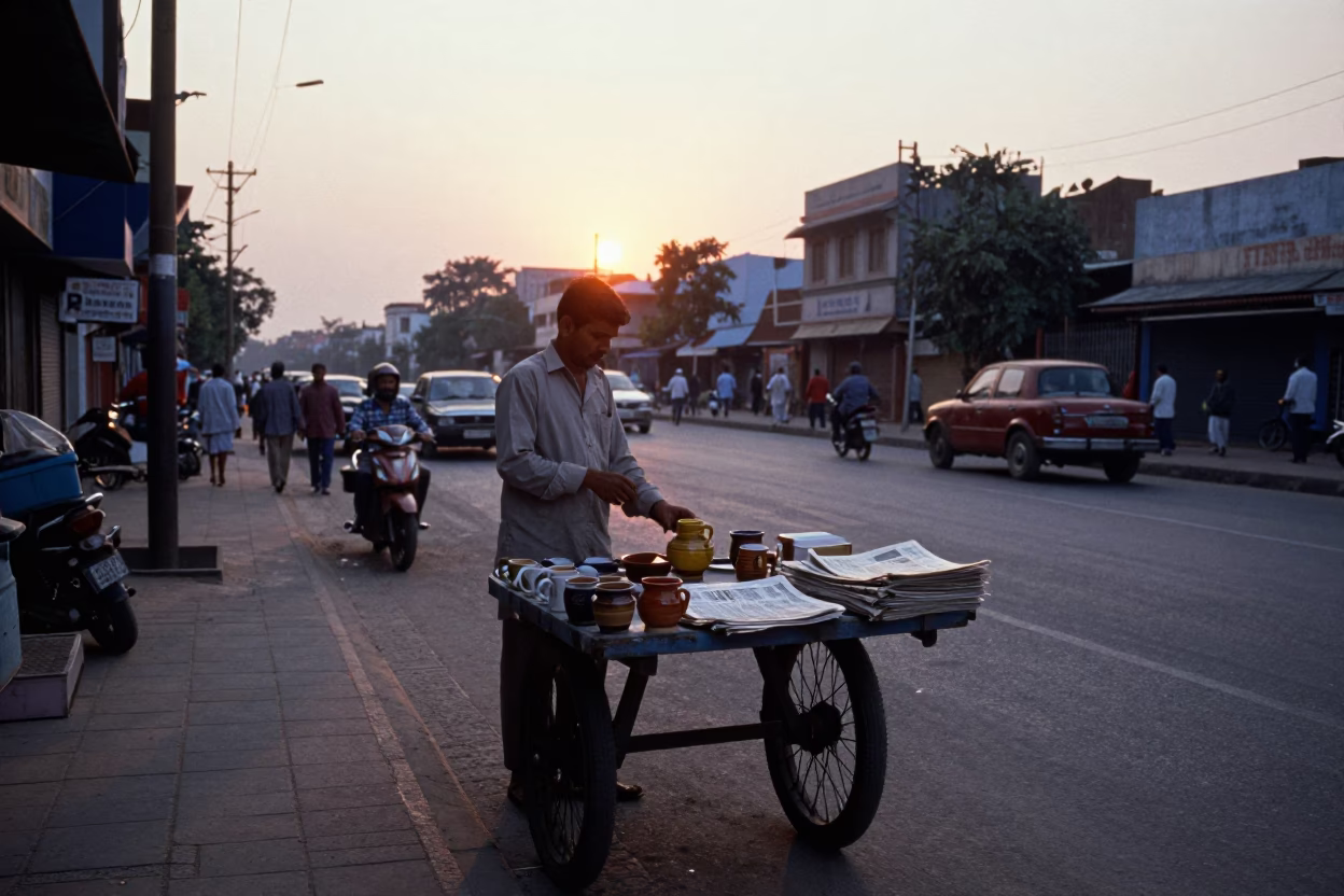 Hyderabad India Street Scene at Dusk with Local Vendor and Vintage Items in in Hyderabad, India