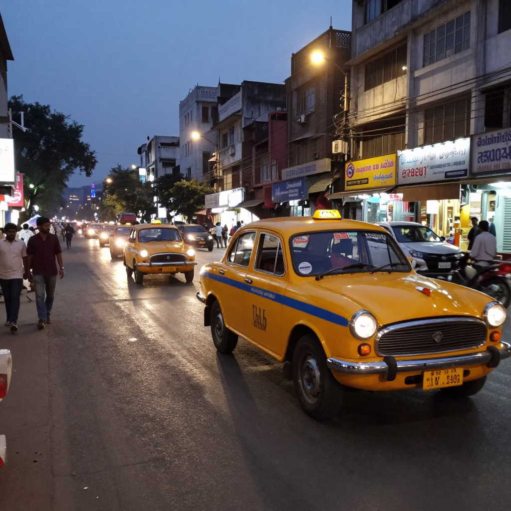 Hyderabad India Street Scene at Dusk with Yellow Taxi and Tea Vendor in in Hyderabad, India