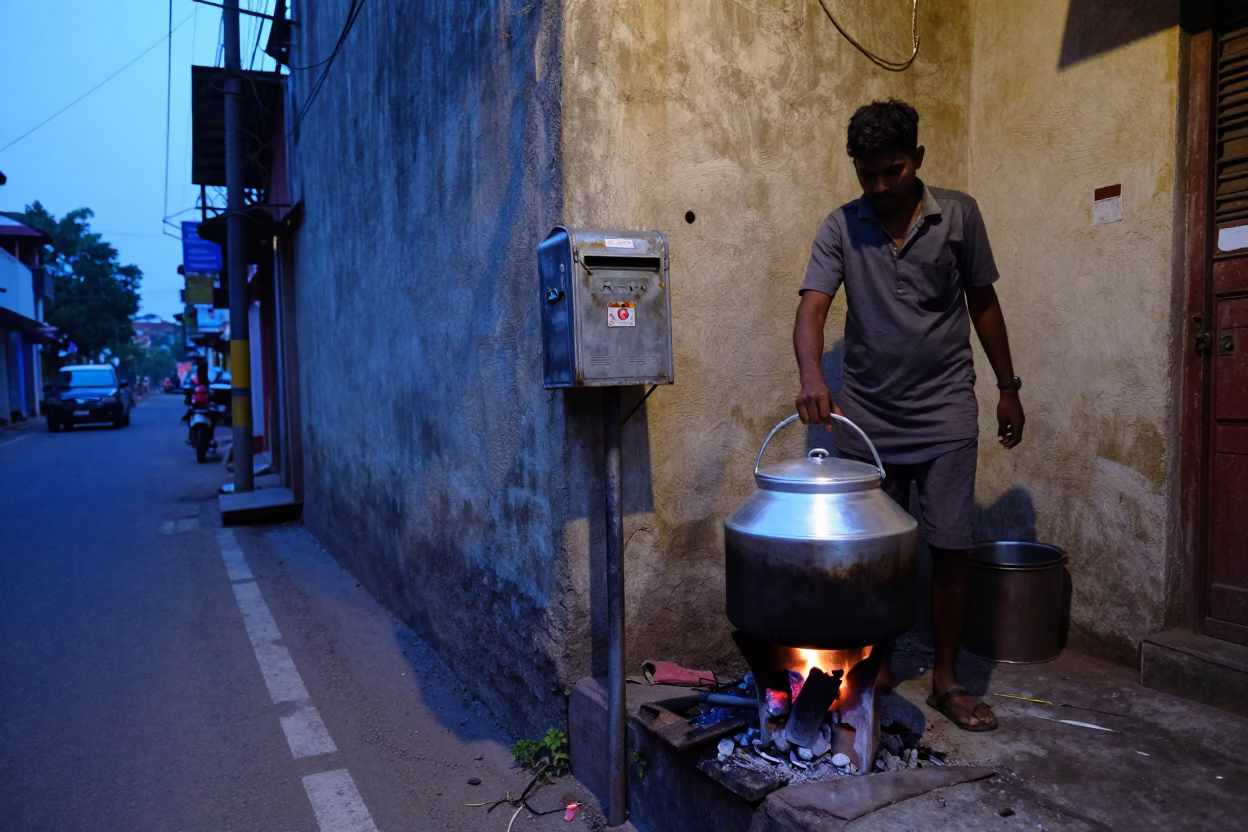 Hyderabad India Street Scene at Nautical Dawn with Mailbox and Cooking Pot in in Hyderabad, India