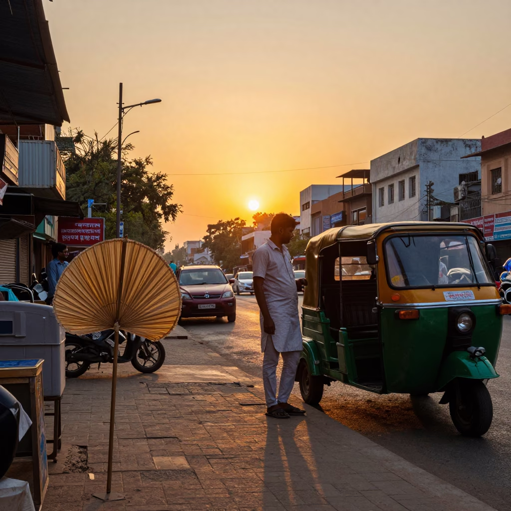 Hyderabad India street scene at sunset with paper fan and wicker basket in in Hyderabad, India