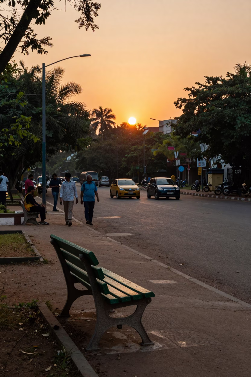 Hyderabad India street scene at sunset with park bench and brass plate in in Hyderabad, India