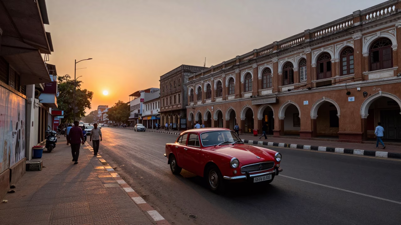 Hyderabad India street scene at sunset with vintage red sports car and local architecture in in Hyderabad, India